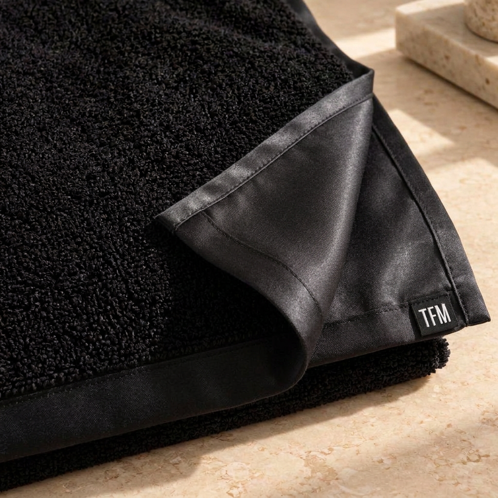 Black TFM towel folded to show the plush cotton side and the smooth cotton-silk side